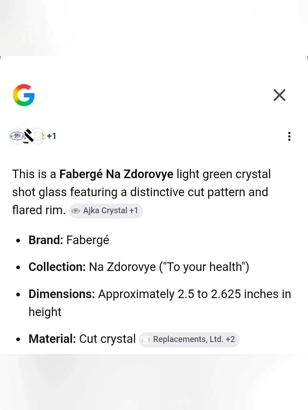 Faberge' -Na Zdorovye Light Green Shot Glass . Crystal!